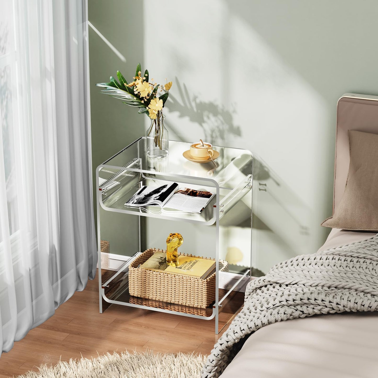 Acrylic End Table with Storage Shelf, Clear Side Table, Record Player Table, Nightstand, 15.7x19.7x11.8 (Clear, 40×30×50 cm)