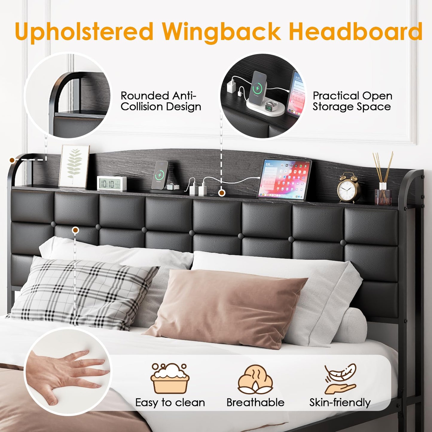WOWTRELAX Double Bed Frame with Charging Headboard Storage Shelf 135x190cm