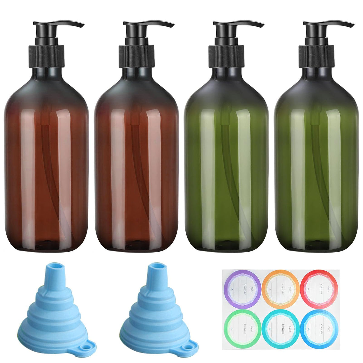 GAOHAN 4 Pack Pump Bottle Dispenser 500ml Refillable Bottle2Green+2Brown