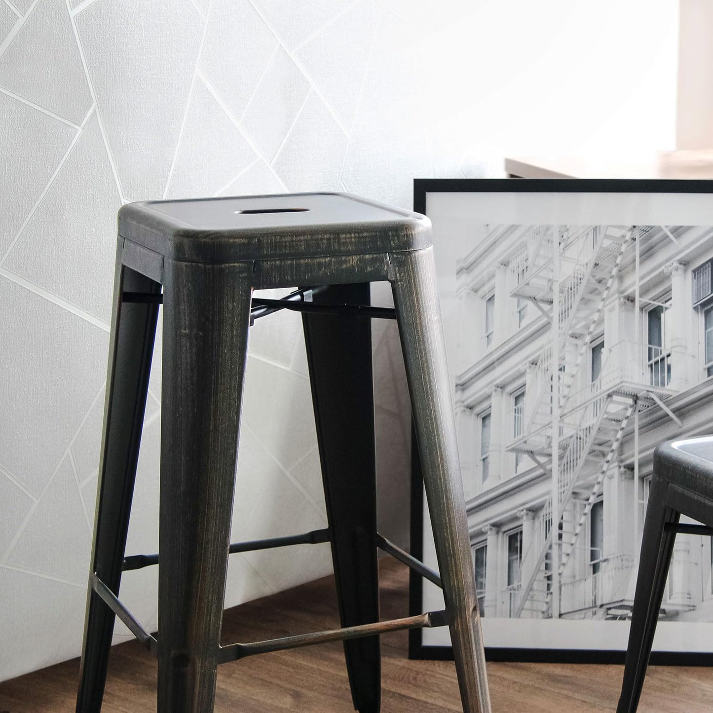 hjh OFFICE Vantaggio High 645035 Bar Stool Metal Black/Gold Retro Industrial Design Stackable