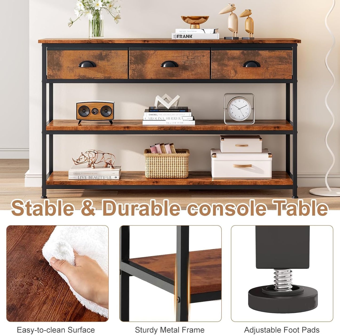 Console Table with 3 Drawers & Open Shelves,TV Stand for TVs Up to 55"