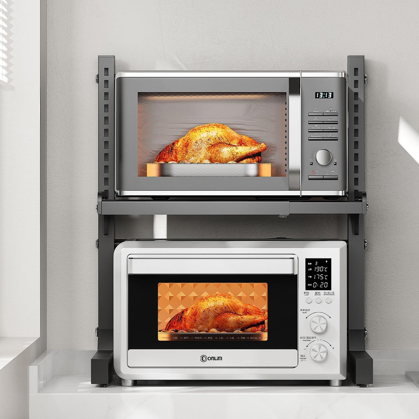 ABCOOL Retractable Adjustable 2 Axial Kitchen Baker Microwave Oven Rack, Expandable and Height Adjustable Carbon Steel Shelf Counter Countertop with
