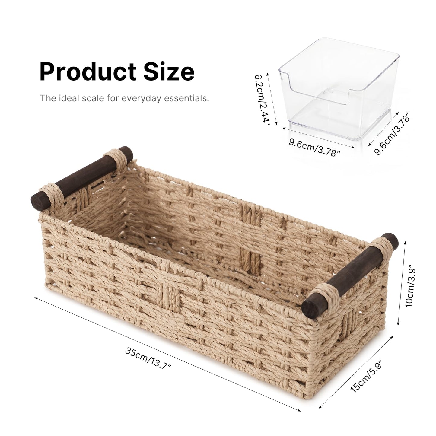 Paper Rope Storage Wicker Baskets for Toilet Tank Top with Wooden Handle Small Decorative Organizer Bin Rectangular Tray for Countertop Shelf Beige