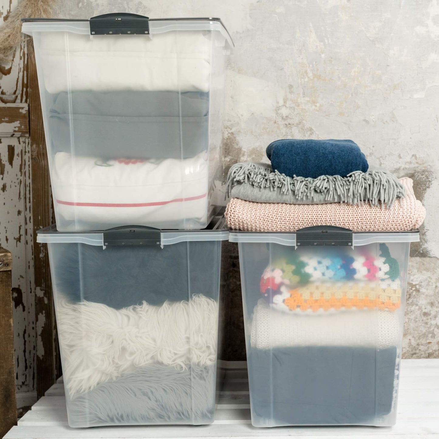 Rotho Compact Set of 3 Storage Boxes with Lid and Castors 70 Litre, Plastic (PP) BPA-free, Anthracite/Transparent, 3 x 70 Litre