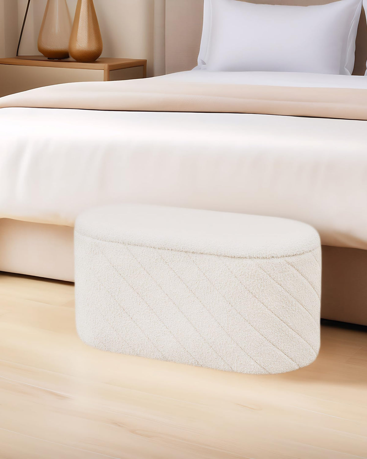 Bonlife Oval Ottoman with Storage Bench, Folding Foot Rest with Lid, Boucle End of Bed Bench,Foostool for Living