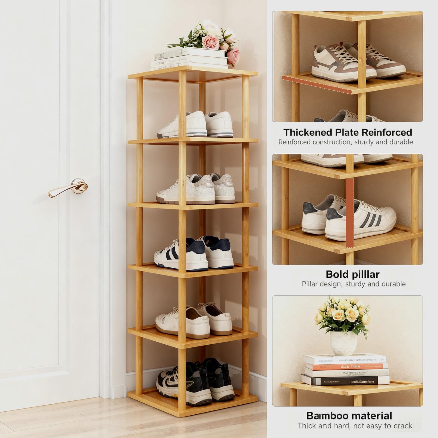 Aniston 6 Tier Vertical Small Shoe Rack Bamboo,Free Standing Slim Narrow Shoe Storage,Shoe Shelf Organiser for Garage Closet Doorway Garage Living