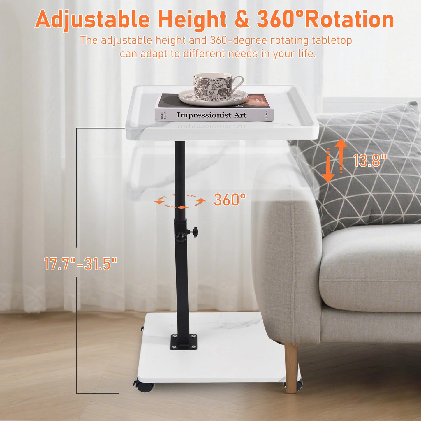 YYW C Shaped Side Table, Height Adjustable Bedside Table with Wheels, 360°Swivel Sofa End Tables, Wooden Coffee End Table for living Room Bedroom
