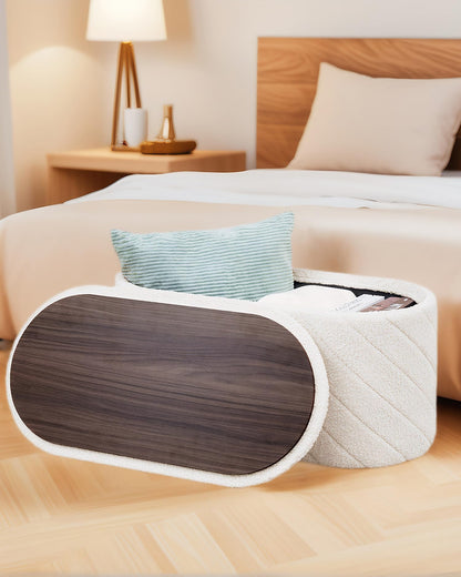 Bonlife Oval Ottoman with Storage Bench, Folding Foot Rest with Lid, Boucle End of Bed Bench,Foostool for Living