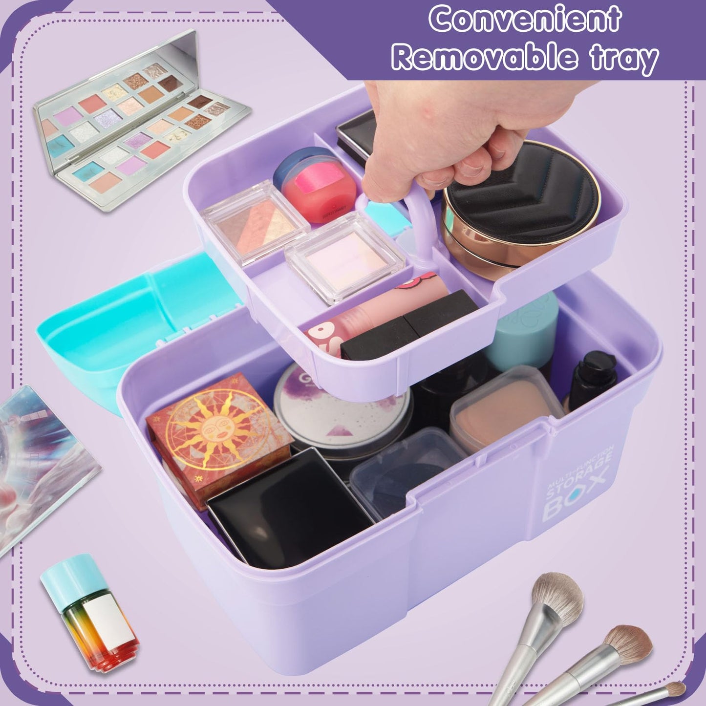 Creahaus 11in Multipurpose Storage Box with Removable Tray, Plastic Small Storage Box with Handle, Portable Art Craft Organizer Case for Sewing