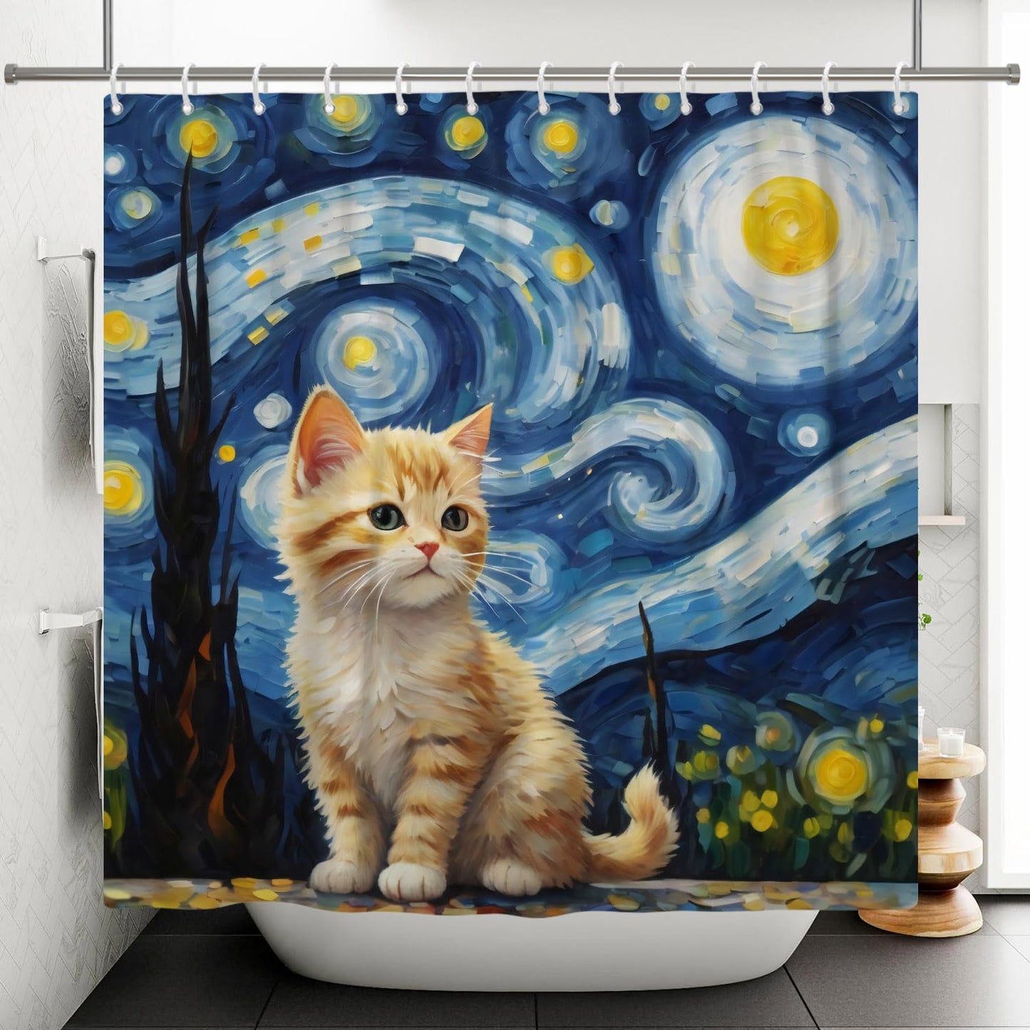 ASDCXZ Cat Shower Curtain 180 x 200 cm, Modern Abstract Art Blue Yellow Oil Painting Cute Cat Bath Washable Shower Curtains Polyester Textile