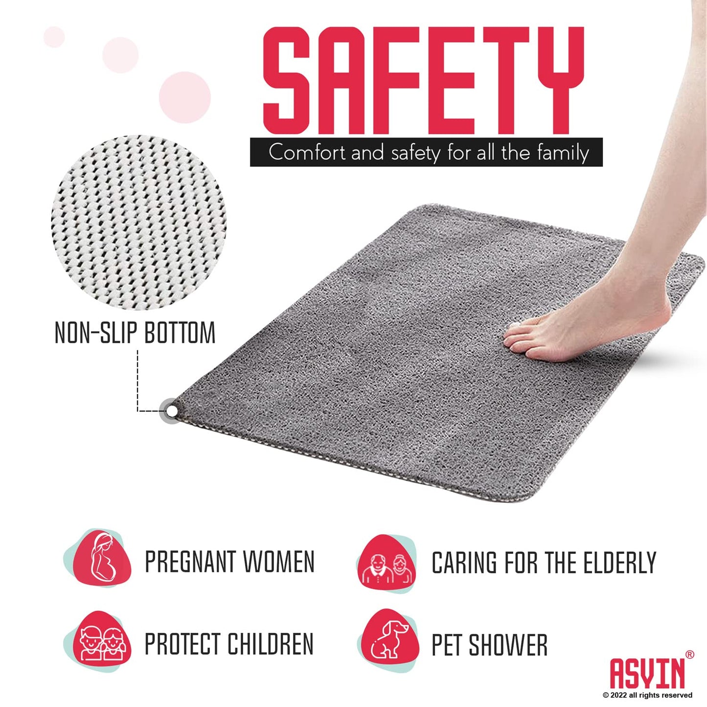 Asvin Non Slip Shower Mat & Bath Mat 40x60cm Grey, Anti Mould Loofah for Wet Floors & Inside Shower. OEKO-TEX 100 Certified, Phthalate Free