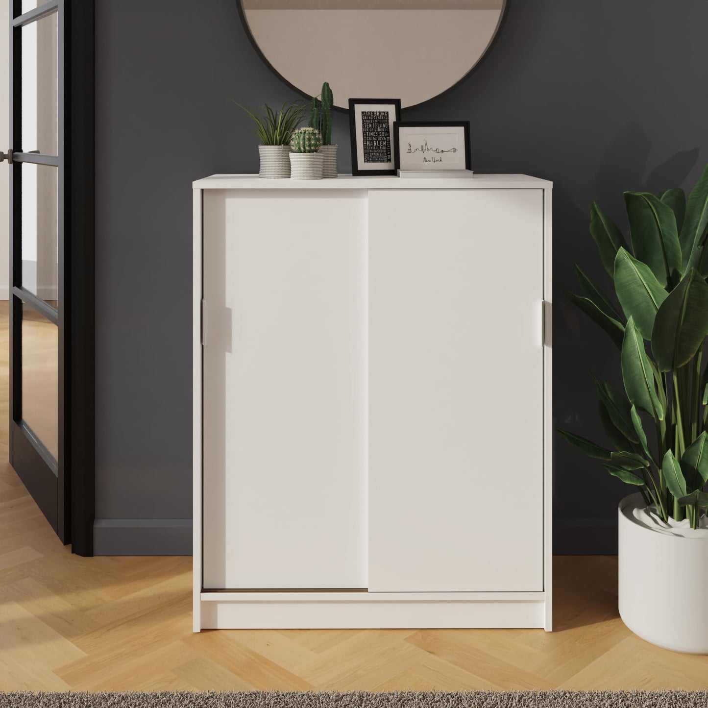GFW Leighton Sliding Door Shoe Cabinet, Slim White Hallway Shoe Storage Unit for 18–22 Pairs