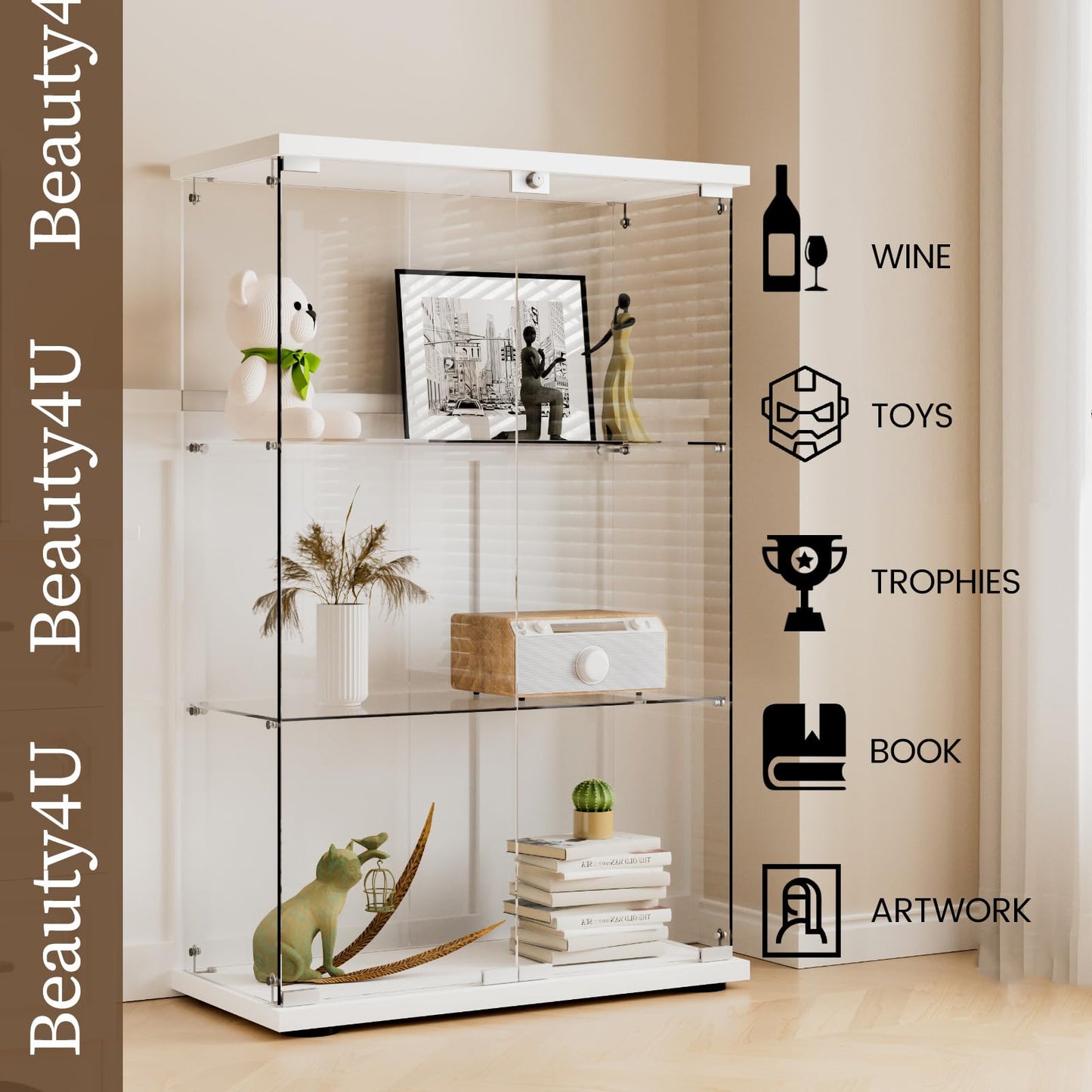 Beauty4U 3-Shelf Double Door Glass Display Cabinet, 125cm Tall, White