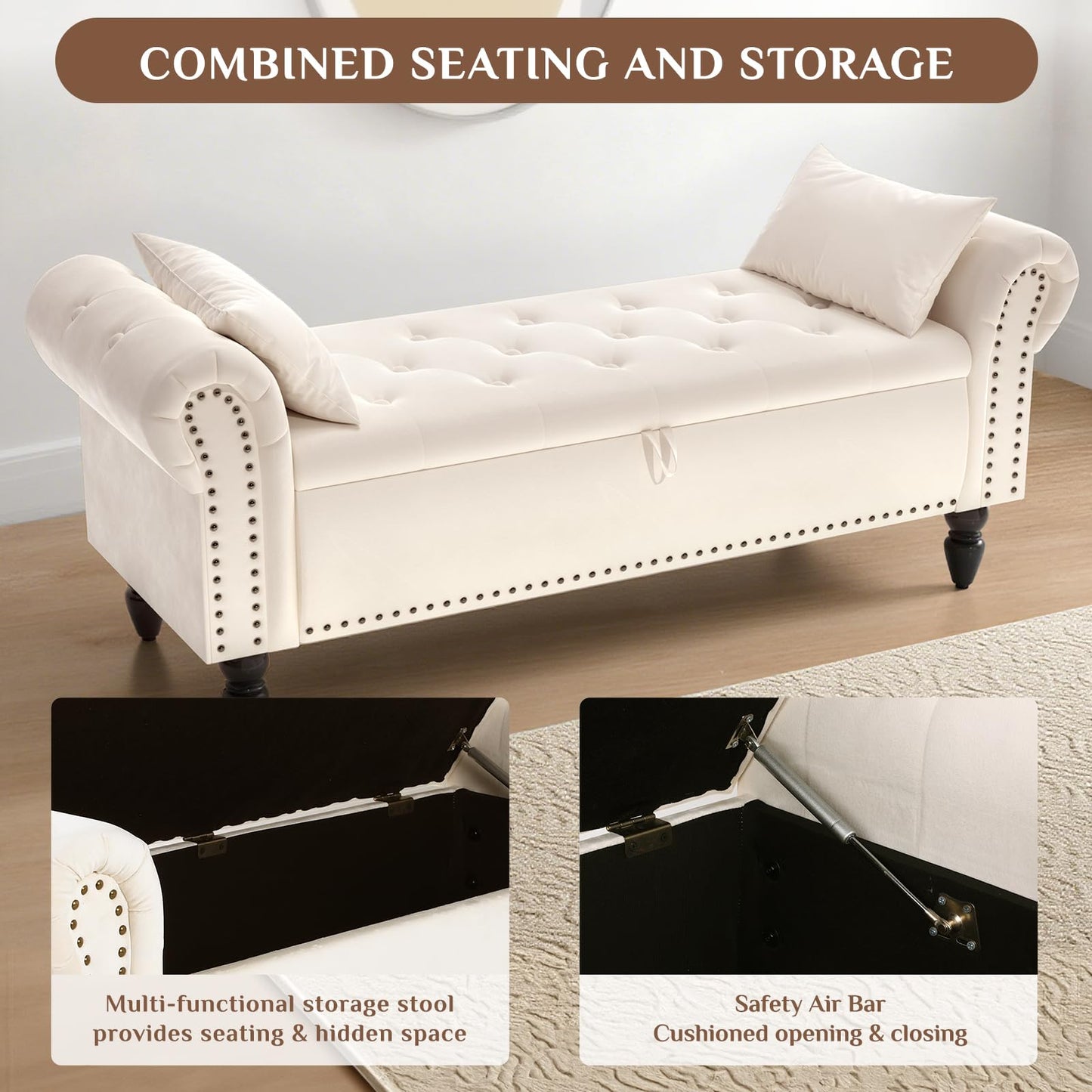Clevich Ottoman Storage Bench, Velvet End of Bed Storage Box with Lid, Sturdy Wood Legs Footrest, 168KG Load Capacity