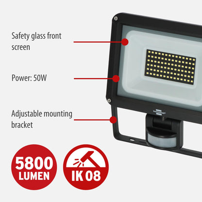 Brennenstuhl LED Spotlight JARO 7060 P (LED Wall Floodlight for Outdoor use IP65, 50W, 5800lm, 6500K, with Motion Detector and Twilight Sensor)