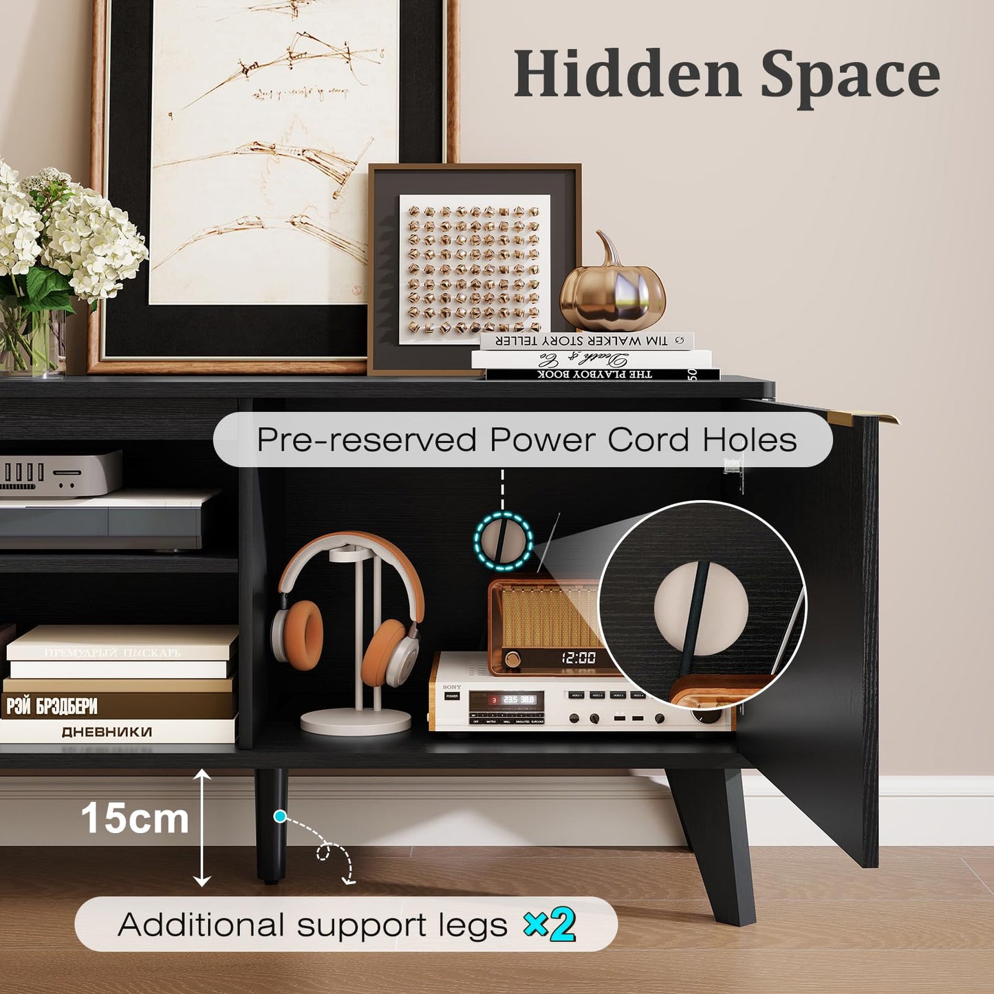 LYNCOHOME Black TV Units for Living Room, 178cm Wooden TV Stand Cabinet