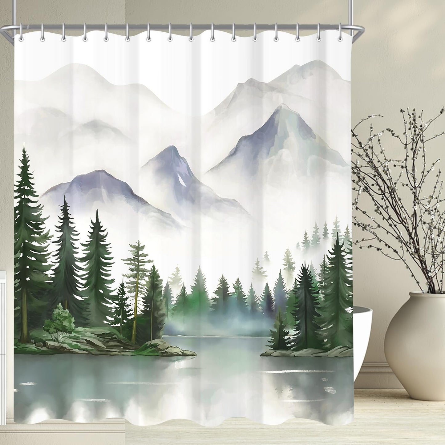 Lerores Shower Curtain 240 x 200 cm Mountains, Weighted Hem, Anti-Mould Textile, Water-Repellent