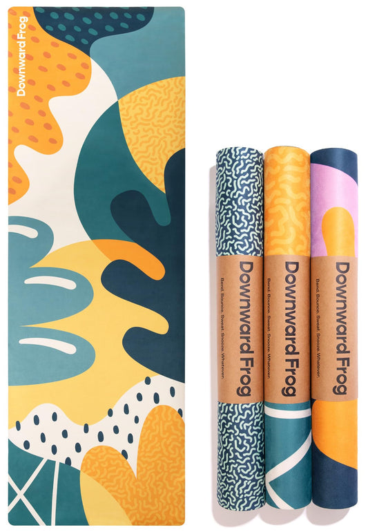 Downward Frog Printed Yoga Mat for Hot Yoga, Bikram, Thick Fitness & Pilates Mat for Comfort - Eco Natural Rubber, Vegan, Microfibre Towel Surface,