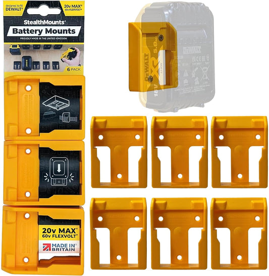 StealthMounts Yellow Battery Mounts Compatible with DeWalt ? 6 Pack | Battery Holder | Wall Mounted Holders for Power Tool Storage & Accessories |