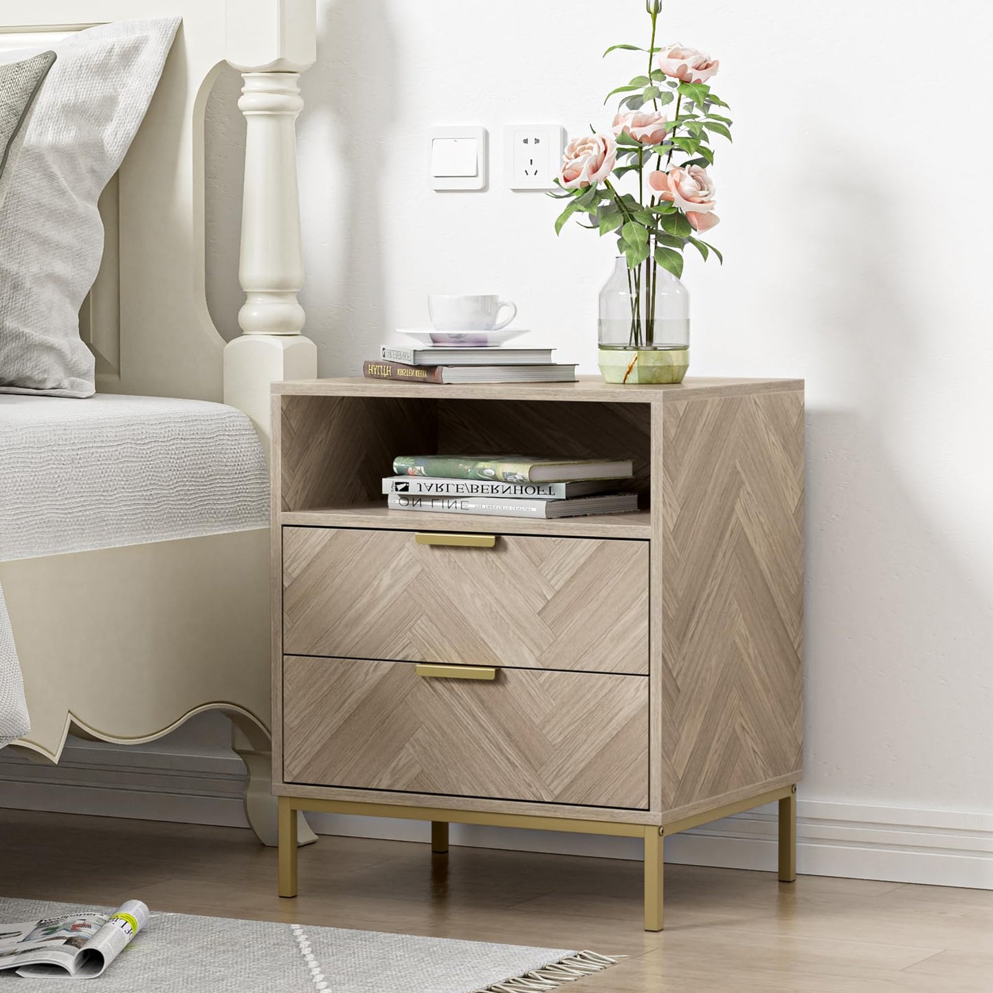 Skokliz Bedside Table with2 Drawers and Storage Shelf, Nigntstand for Bedroom, Wood End Table for Living Room, Small spaces, oak