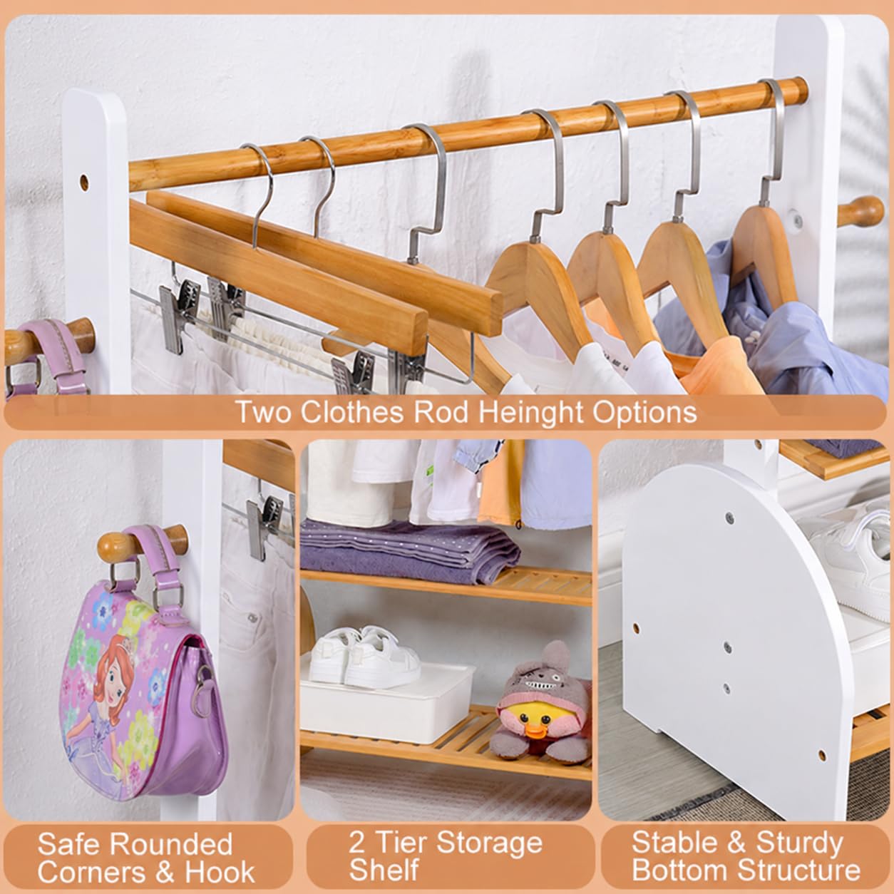 BAMBOOHOMIE Kids Clothing Rack with Adjustable Rods, Children Clothes Garment Rack for Kids Baby Pet, Kids Dress Up Rack with 2 bottom shelves