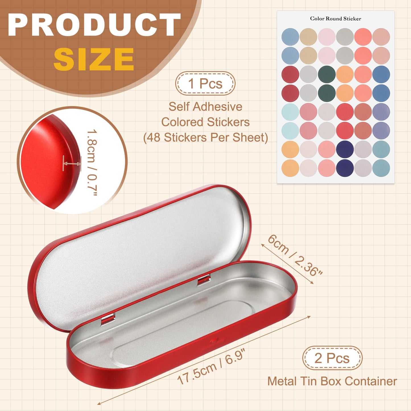sourcing map 2Pcs Metal Tin Box Container, 6.9x2.4x0.7 Oval Empty Hinged Lid Box with Self Adhesive Colored Sticker