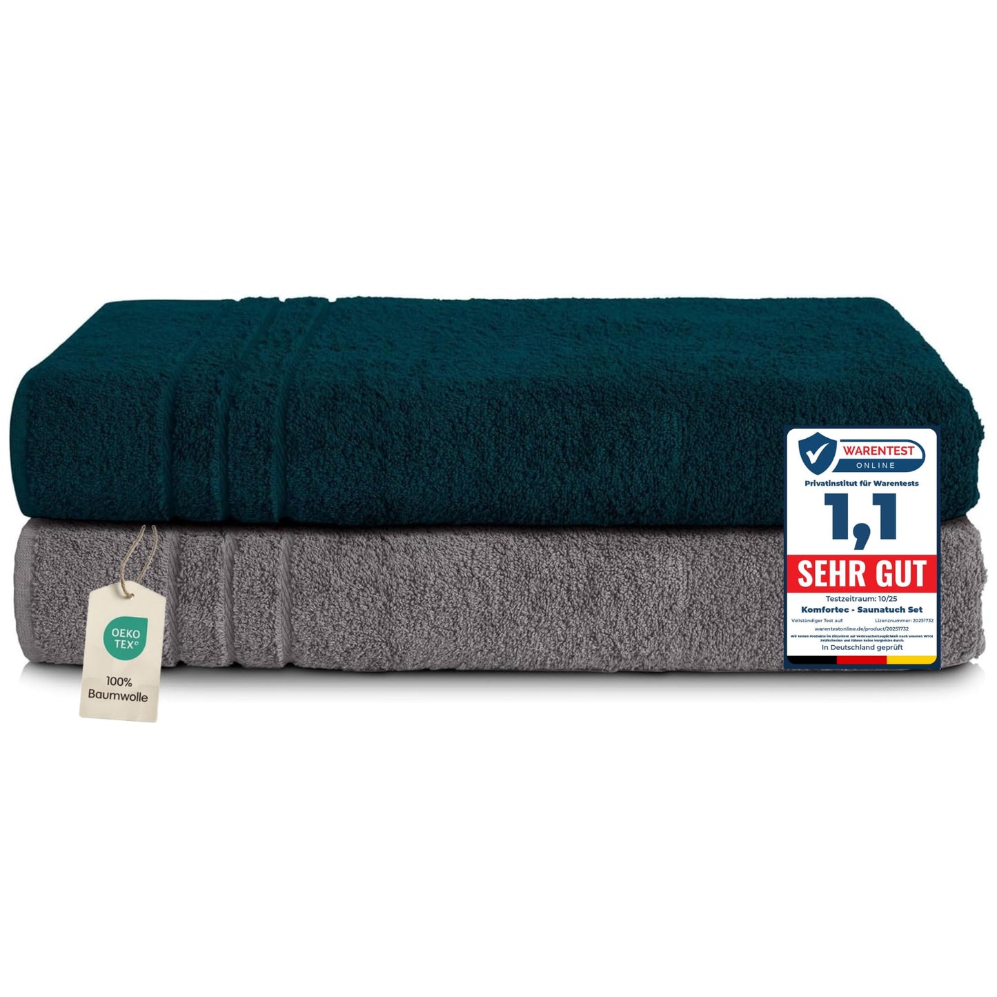 Komfortec Jumbo Bath Towels, 100% Cotton, Quick Dry, 80x200, Grey & Teal