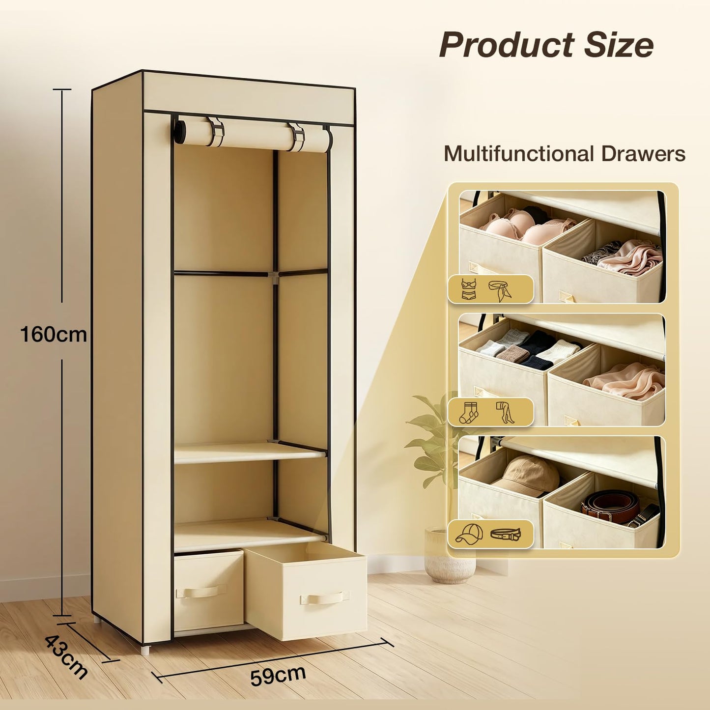 Single Canvas Wardrobe with 2 Drawers and Hanging Rail 160 x 59 x 43CM