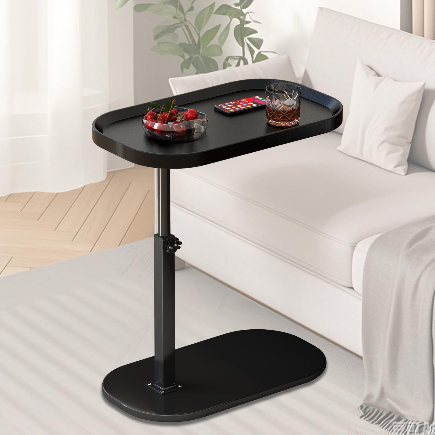 Adjustable Height C Shaped Side Table, Lift up Laptop Tv Tray for Sofa and Bedside, 360°Swivel Small Coffee C Table, Modern Under Sofa Table