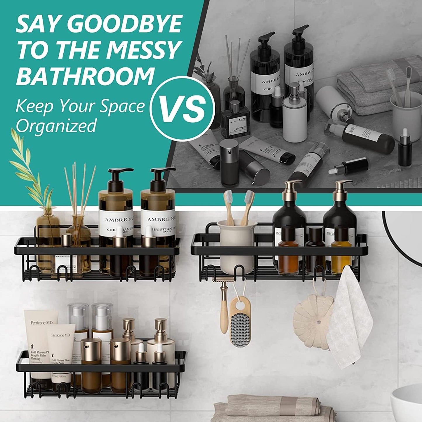 UZIMOO Shower Caddy Black - Bathroom Shelves Organiser No Drilling Adhesive Bathroom Shelf Wall Mounted