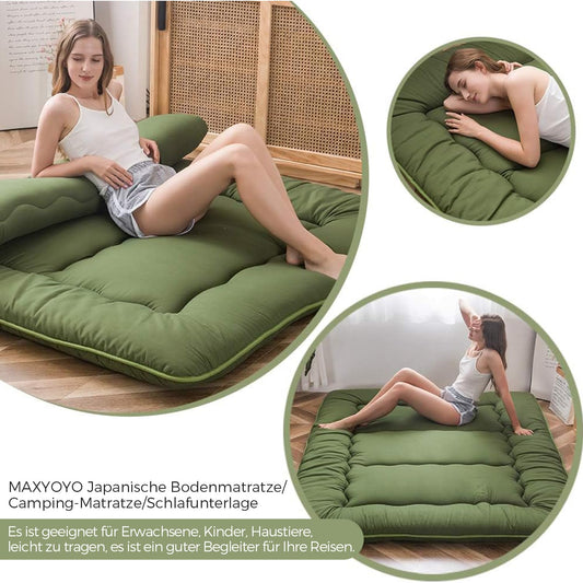 MAXYOYO Japanese Floor Futon Mattress, Thicken Tatami Sleeping Pad Foldable Roll Up Dormitory Mat Pad Floor Lounger Pillow Bed Green, Double