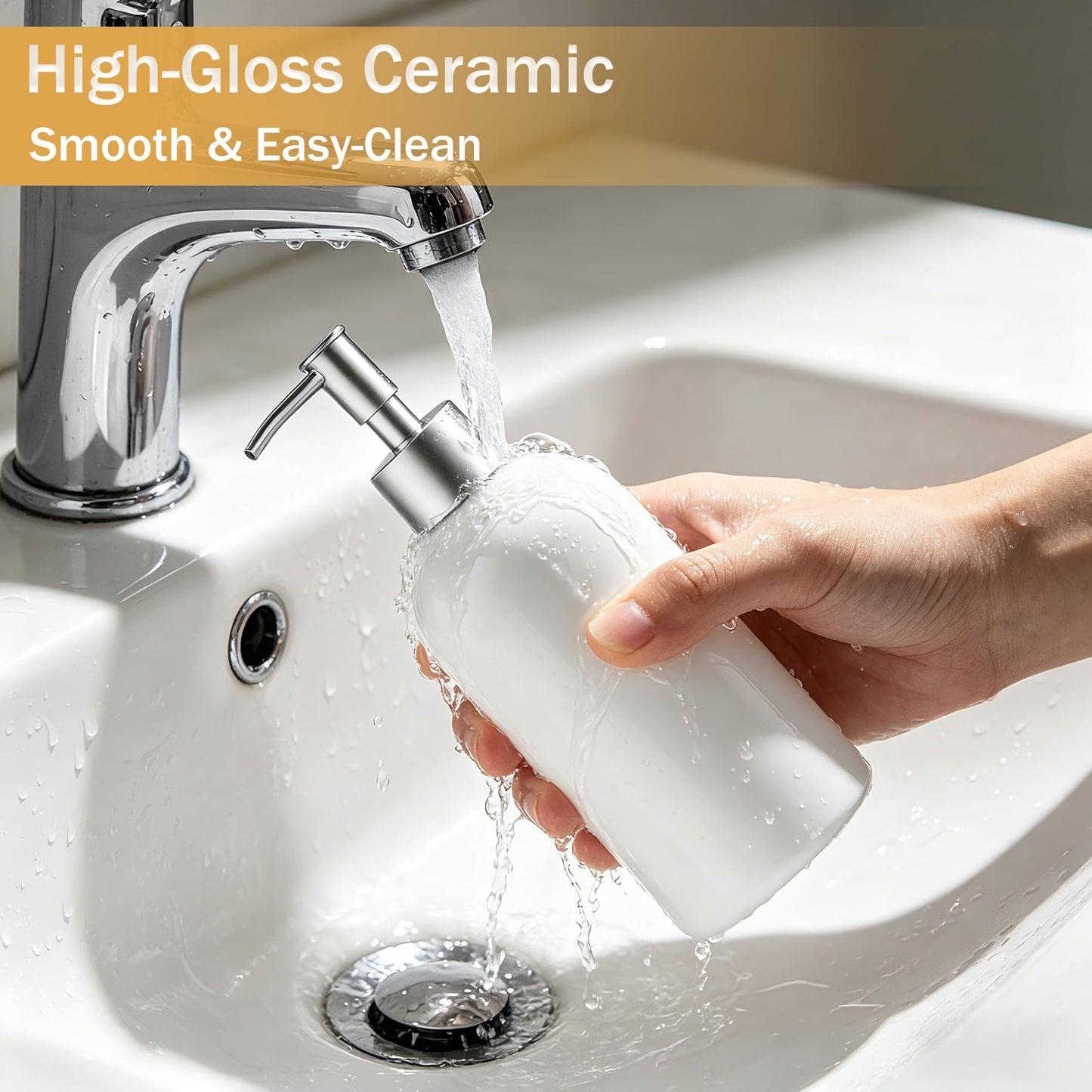 Hejo 350ml Ceramic Soap Dispenser with Matte Silver Pump, Refillable Liquid Hand Wash Soap Dispenser for Laundry Room, Bathroom & Kitchen(White)