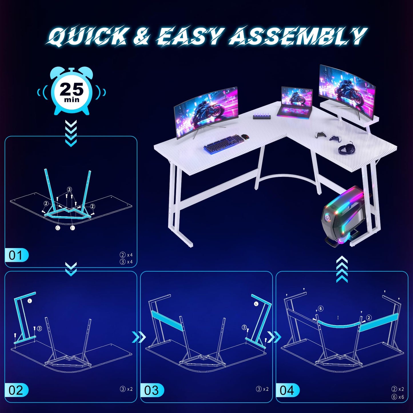 JUMMICO L Shaped Gaming Desk with Large Monitor Stand 150x150x75cm,Corner Desk for Home Office Study Writing Workstation, White