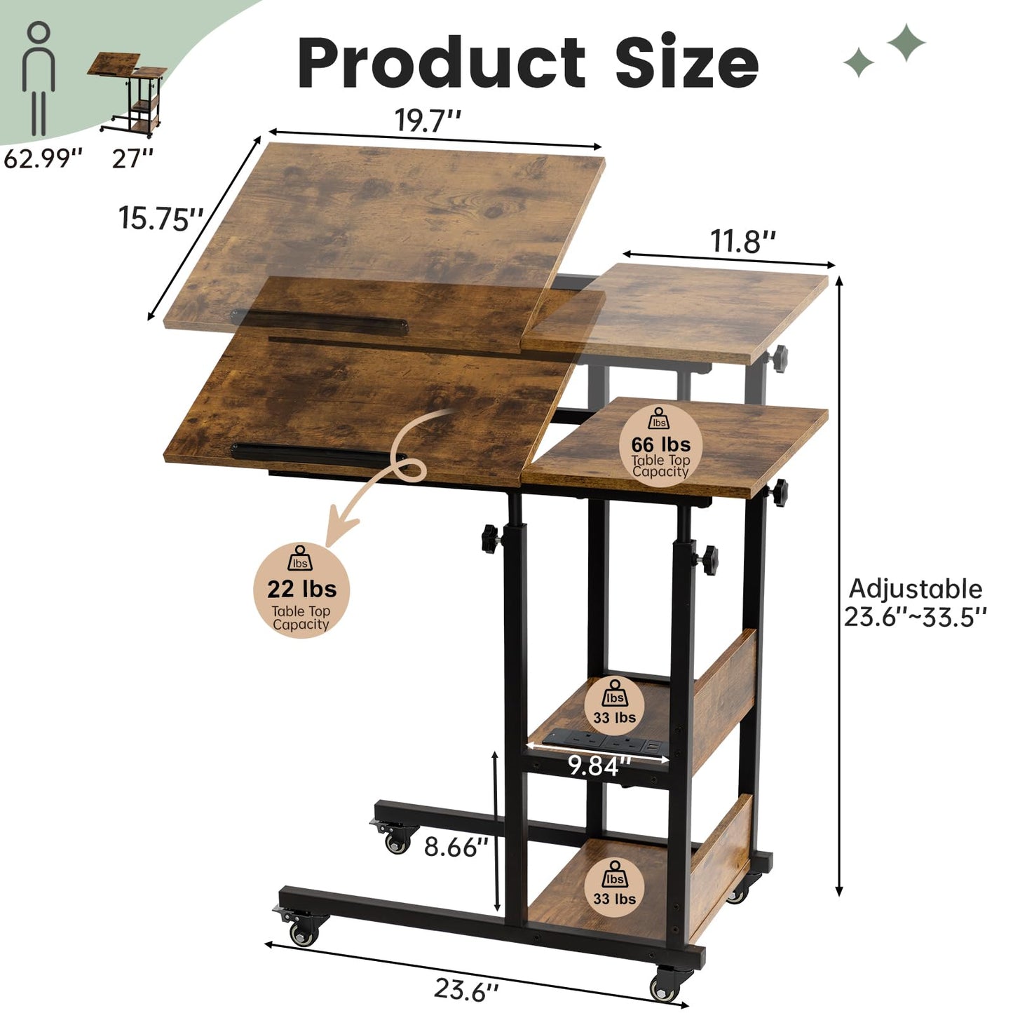 Hadulcet c shaped side table, sofa table with Charging Station, Adjustable Height, c table end table with Storage Space for Living Room, Bedroom