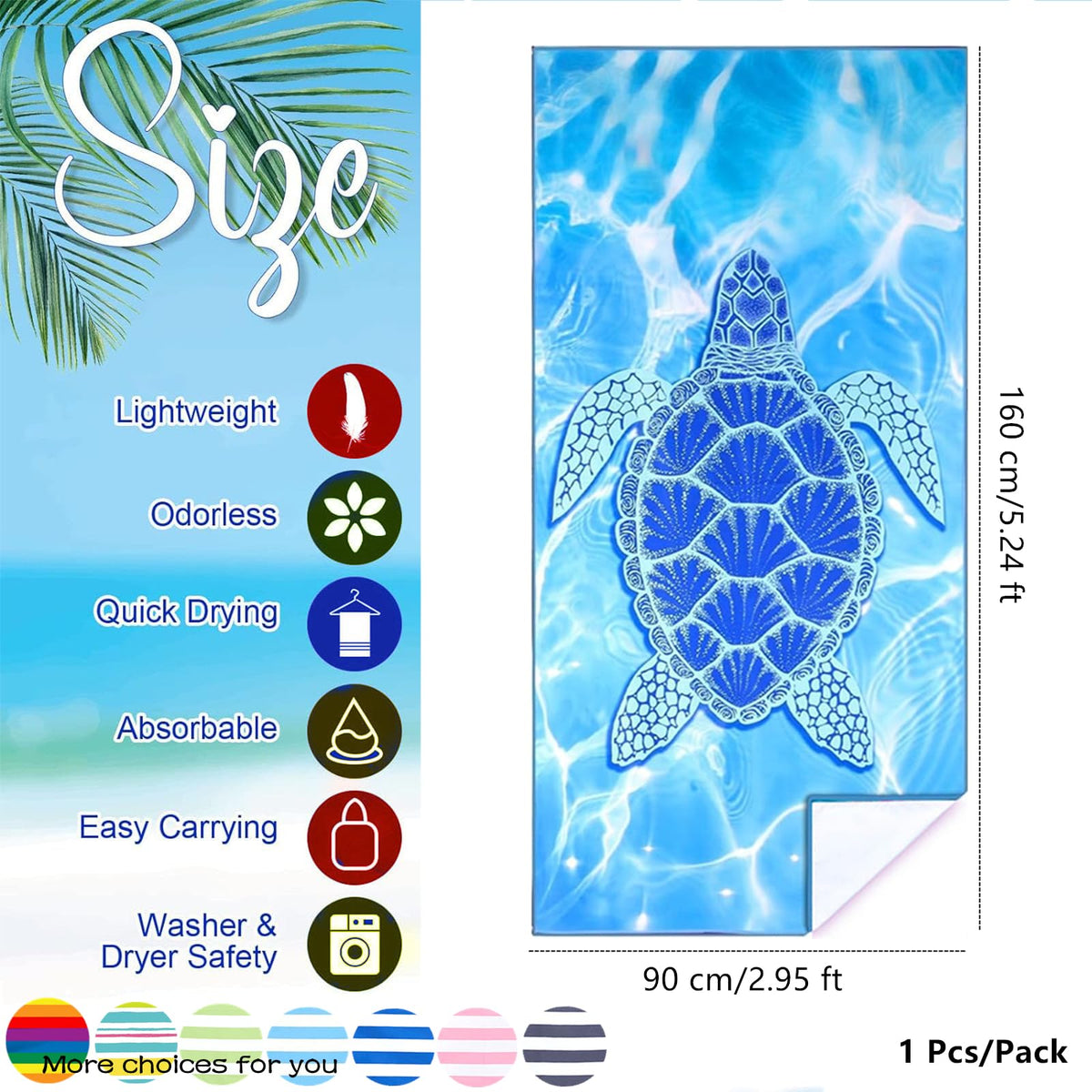 Large Microfibre Blue Turtle Sand Free Quick Dry Travel Swim Towel, 160x90cm, Lightweight, Compact, Thin Sports Beach Towel for Women & Men