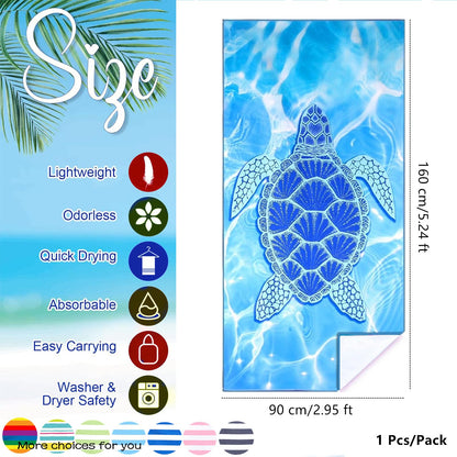 Large Microfibre Blue Turtle Sand Free Quick Dry Travel Swim Towel, 160x90cm, Lightweight, Compact, Thin Sports Beach Towel for Women & Men