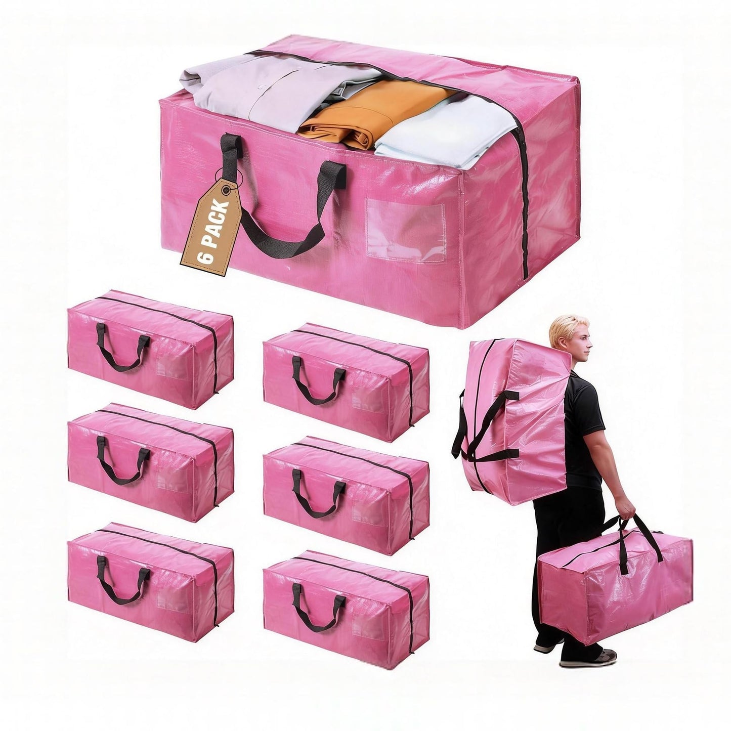 SANNAX 6 Pack 83L Pink Moving Bags, Foldable Storage Bags with Double Zips