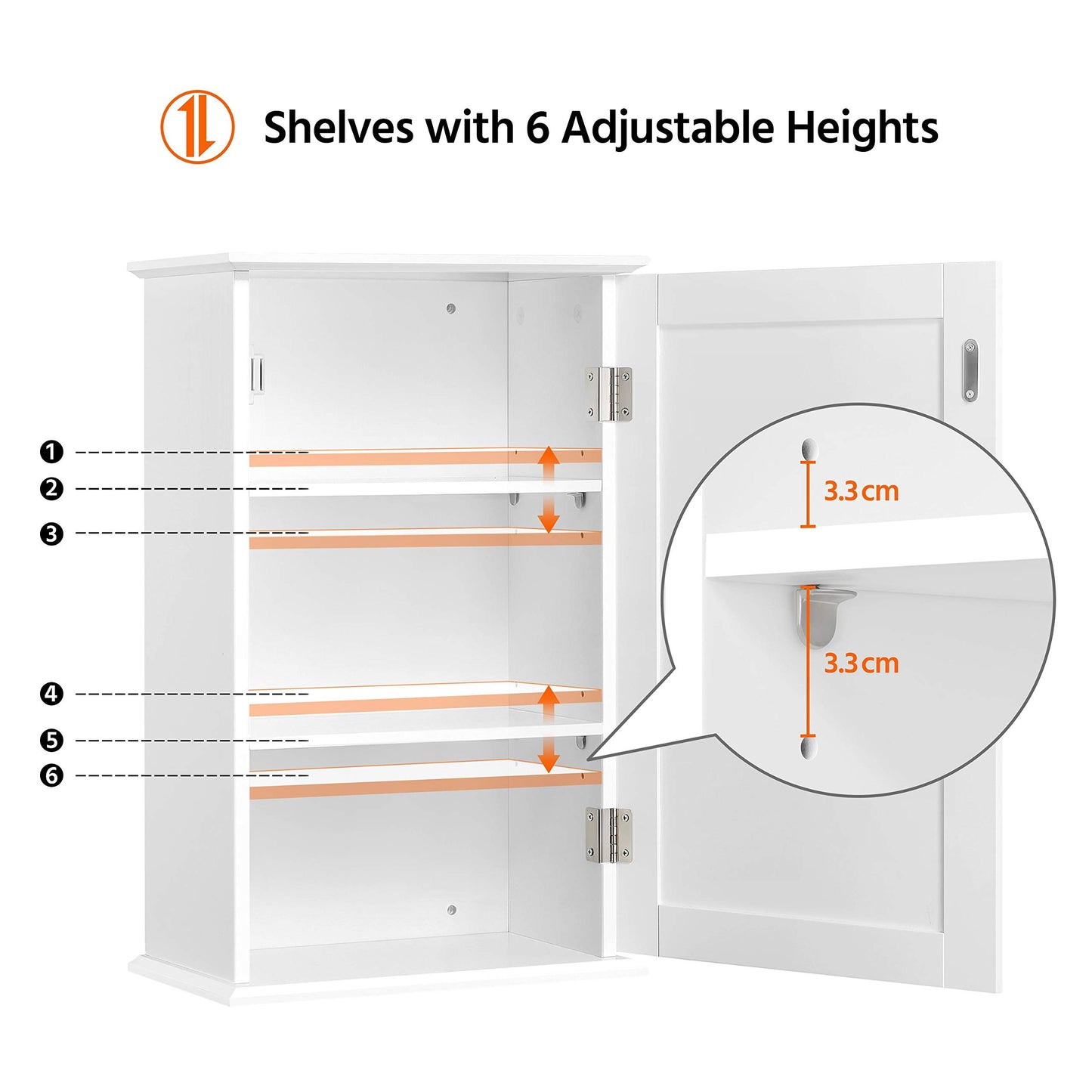 Yaheetech Bathroom Wall Cabinet 3-Height Adjustable Shelf, 1 Door, White