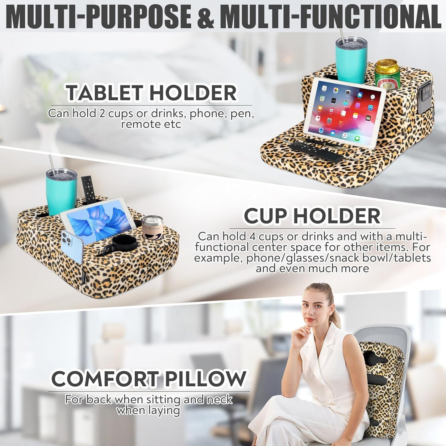TabCouchCaddy - Couch Cup Holder Tray Pillow - Bed, Couch Caddy, Sofa, RV & Car - Holds Drinks, Snacks, Remotes, Phones, Kindle, Tablet