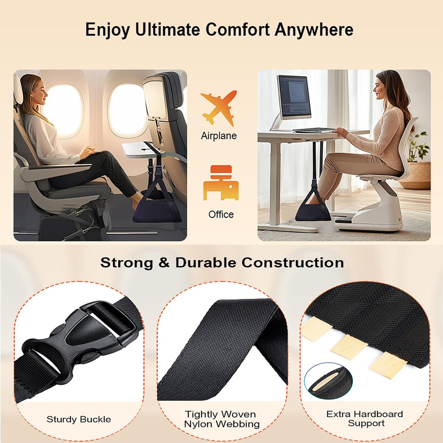 Foot Hammock for Flight, Airplane Foot Rest with Support Plates by Memory Foam & Bamboo Airplane Travel Essentials for Plane, Car, Train, Office