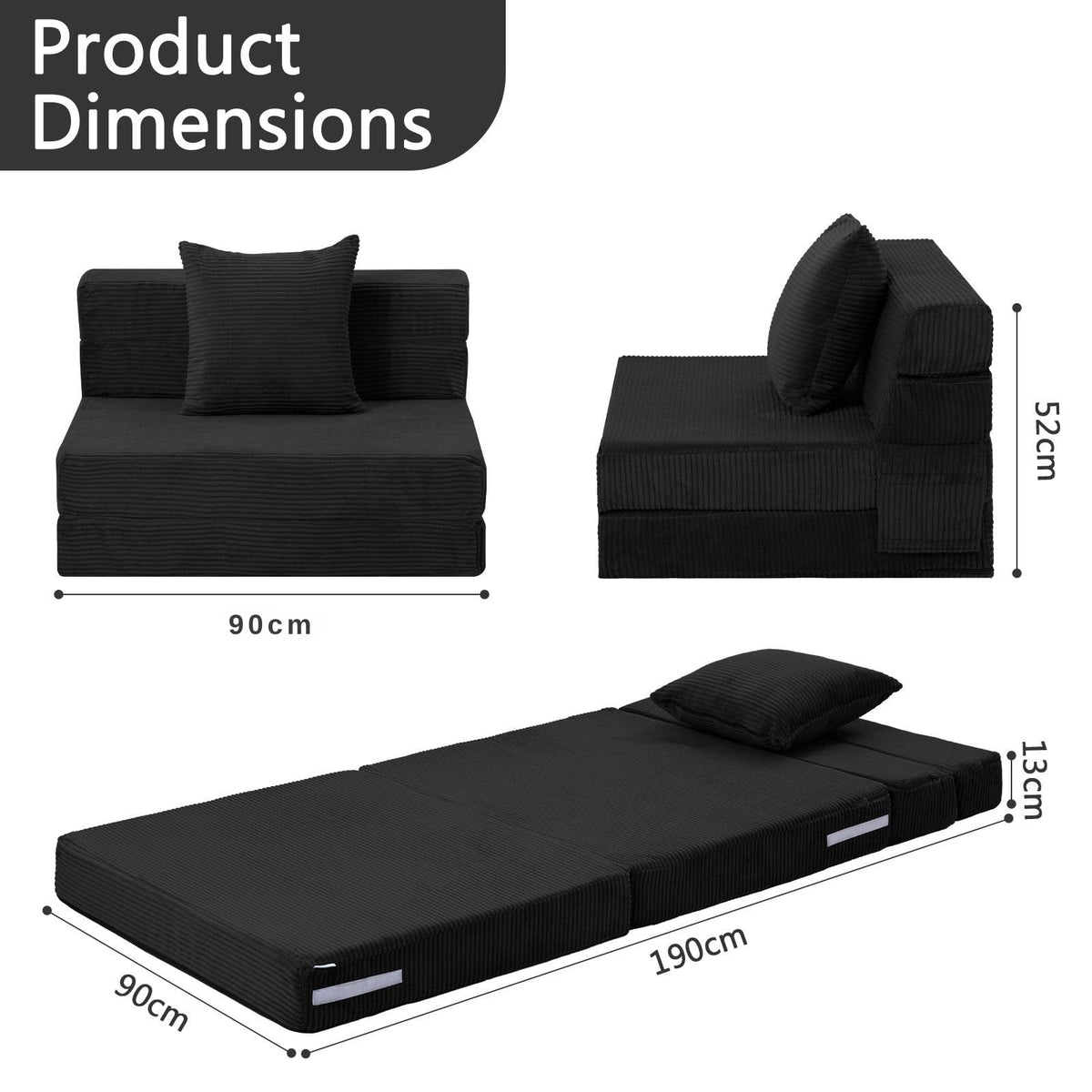 MeMoreCool Folding Mattress Single, Corduroy Fold Out Sofa Bed, Grey