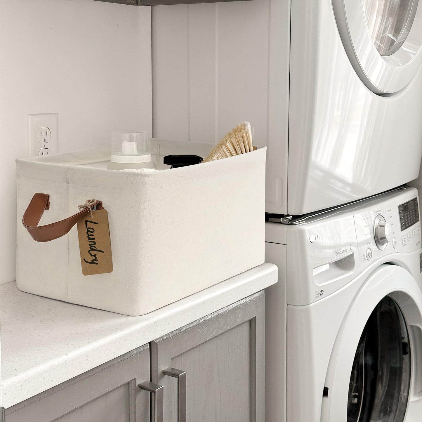 TIMEYARD Large Foldable Fabric Storage Baskets Shelf Bins Beige 2-Pack