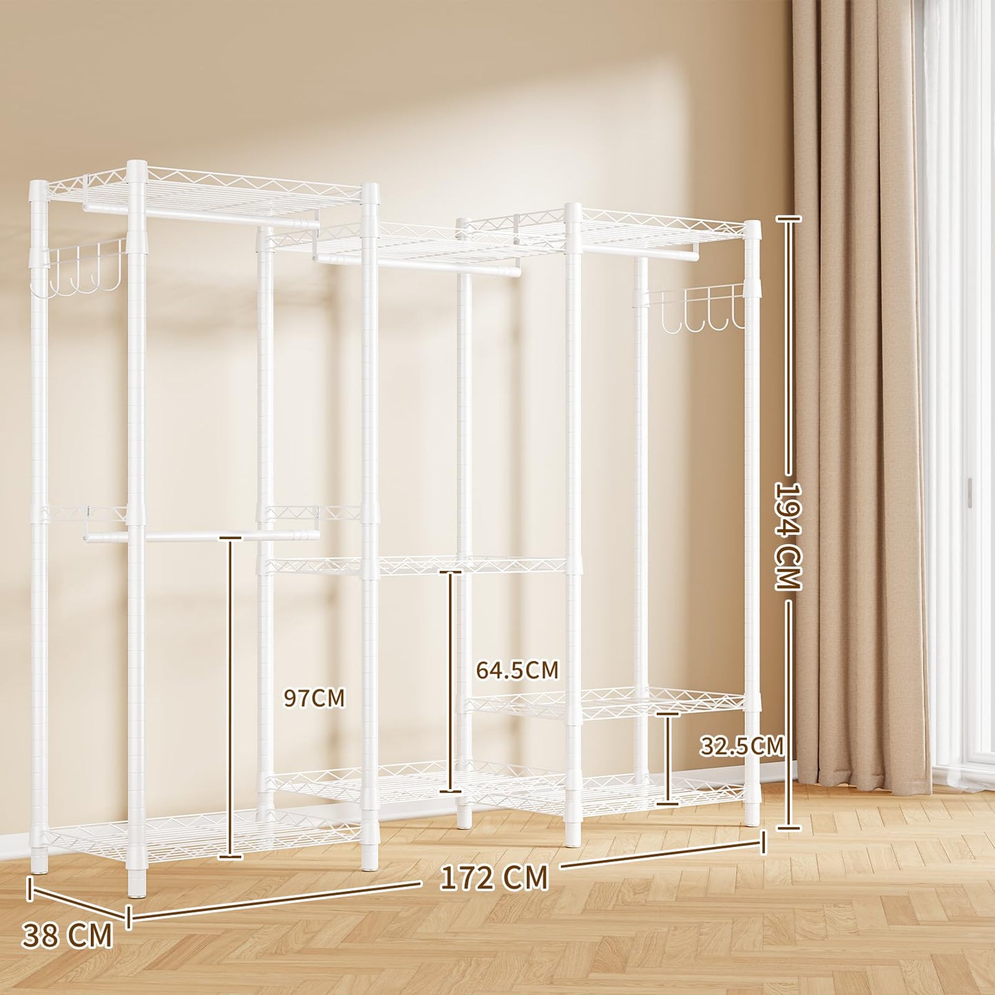 AQRA Metal Open Wardrobe, Heavy Duty Clothes Rail, 4 Assembly Ways, White