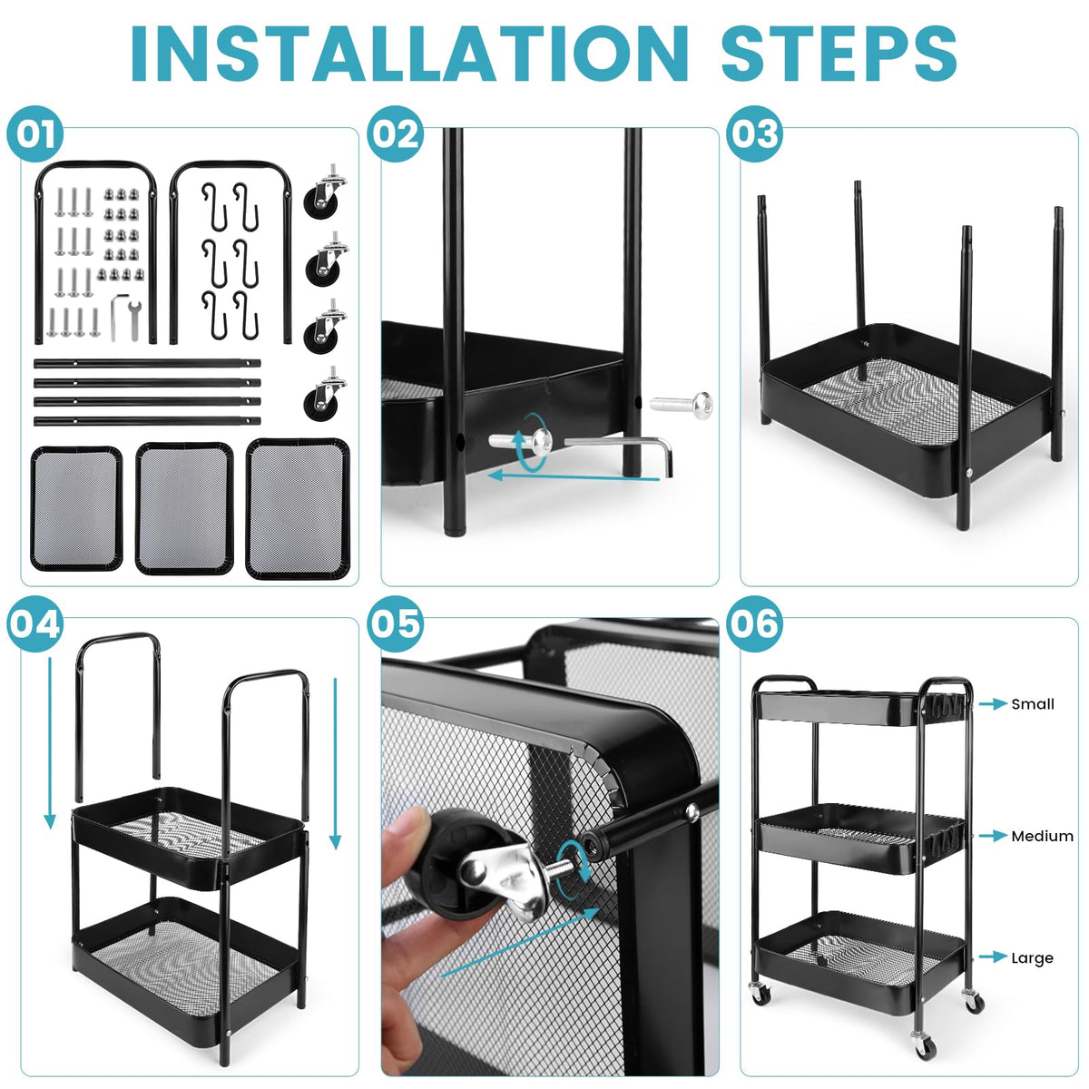 Viuxule Storage Cart, 3 Tier Metal Trolley Cart with Wheels, Black Rolling Utility Cart for Kitchen, Bathroom, Office, Bedroom