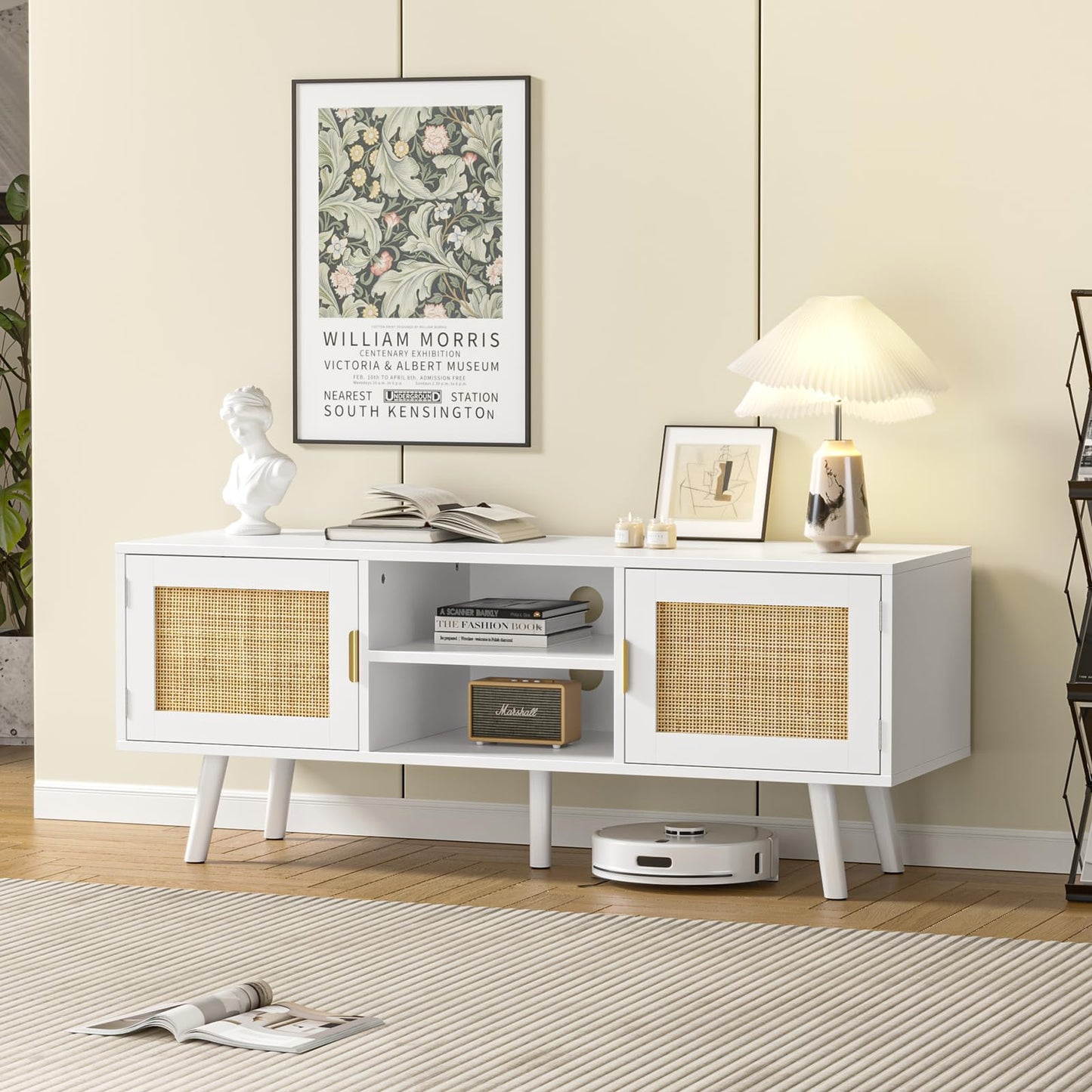 Skokliz TV Unit, 120cm TV Stand Cabinet for TVs up to 55inch, Rattan TV Table with 2 Doors and 2 Open Shelves, Boho Media TV Cabinet for Living Room