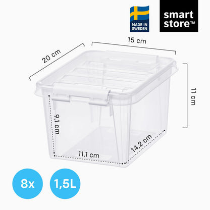 SmartStore - 8x Plastic Storage Box with Lid Classic 1.5L 20x15x11cm |Storage Drawers|Food-Safe Material|Kitchen & Organisation|BPA-Free|Durable