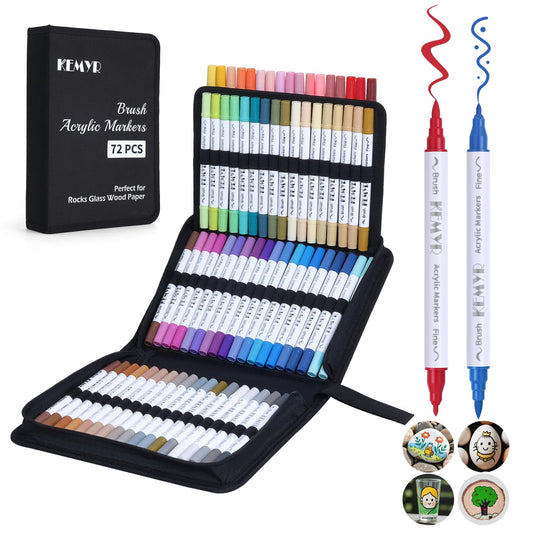 KEMYR 72 Colors Brush & Fine Tip Acrylic Paint Pens, Dual Tip Acrylic Paint Markers for Paper, Wood, Canvas, Stone, Rock, Glass, Fabric, DIY, Ceramic,