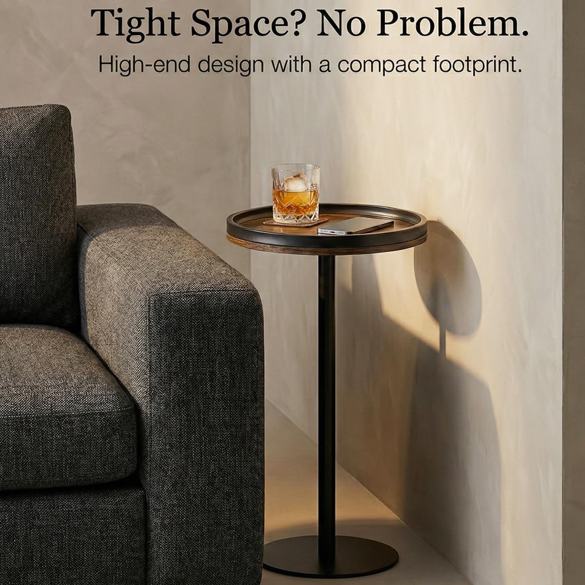 ZEXVIDA Small Round Side Table,Drink Table with Weighted Base,Industrial Metal & Wood Pedestal End Table with Tray Top