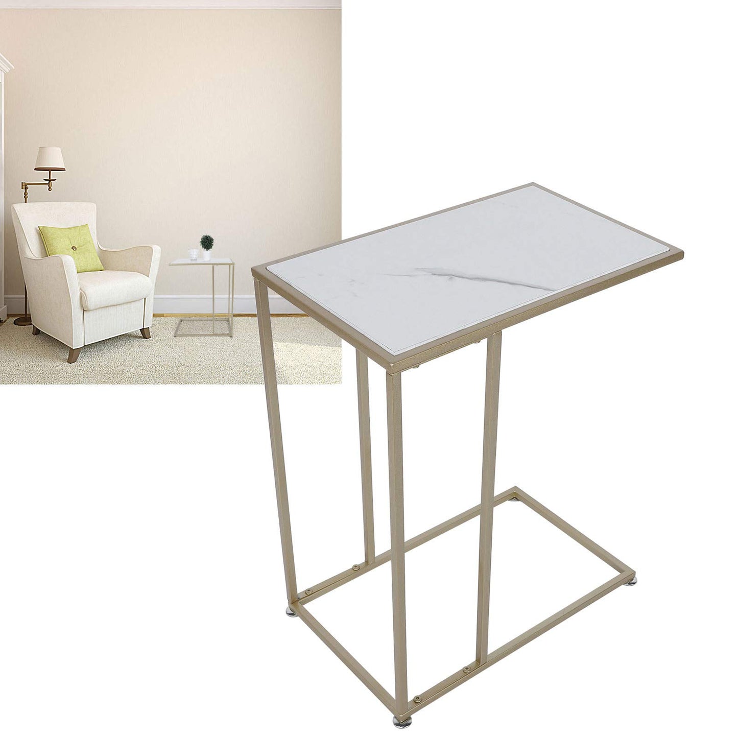 C Shaped Side Table, Sofa End Table with Gold Metal Frame Coffee Snack Table Laptop Holder Table Bedside Table Modern Open Type Under Bed Table Care