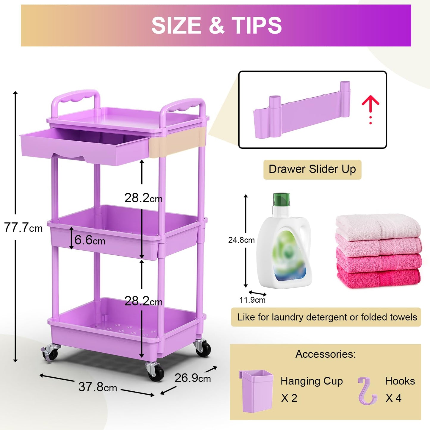 Yeabett 3 Tier Storage Trolley with Drawer, Utility Cart with Plastic Shelf & Lockable Wheels Multifunctional Storage Cart for Kitchen, Bathroom